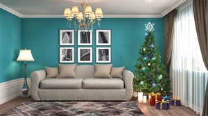 蓝色背景墙现代风格客厅装修效果图两居室圣诞树装饰设计