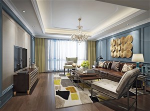 美式风格客厅装修效果图蓝色背景墙搭配金色立体图形装饰设计