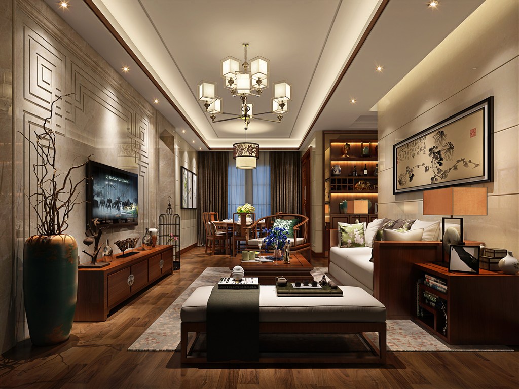 灰金色调搭配棕色设计客厅装修效果图中式风格设计