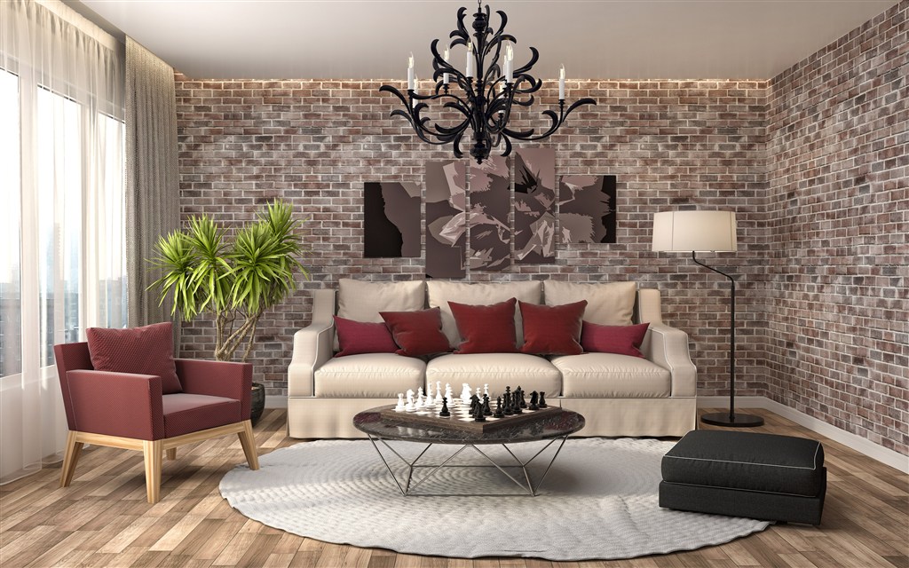 三居室现代风格客厅装修效果图红砖壁纸设计