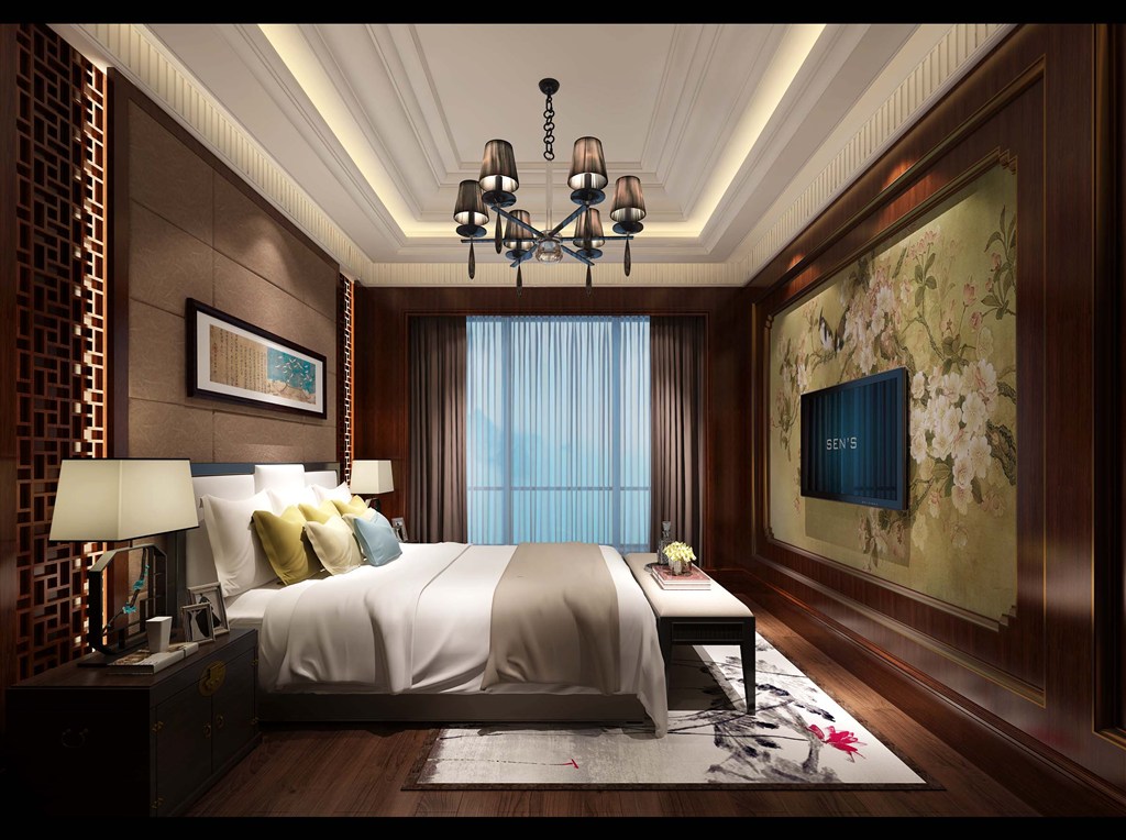 水仙花地毯装饰卧室装修效果图新中式风格设计