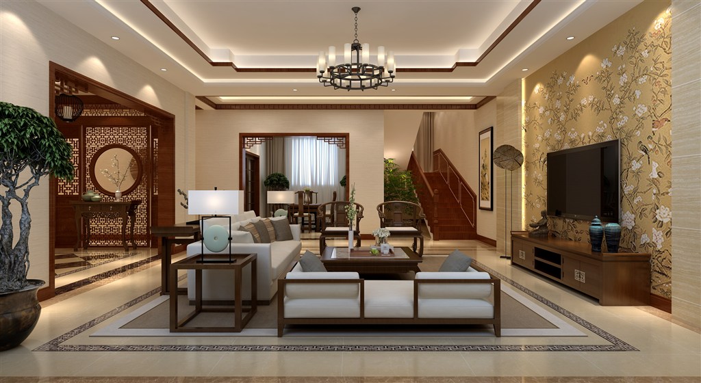 时尚轻巧三居室客厅装修效果图新中式风格设计