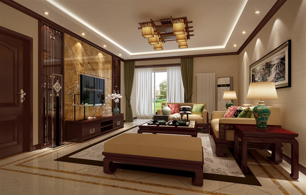 绿色中国风瓷器装饰客厅装修效果图新中式风格设计