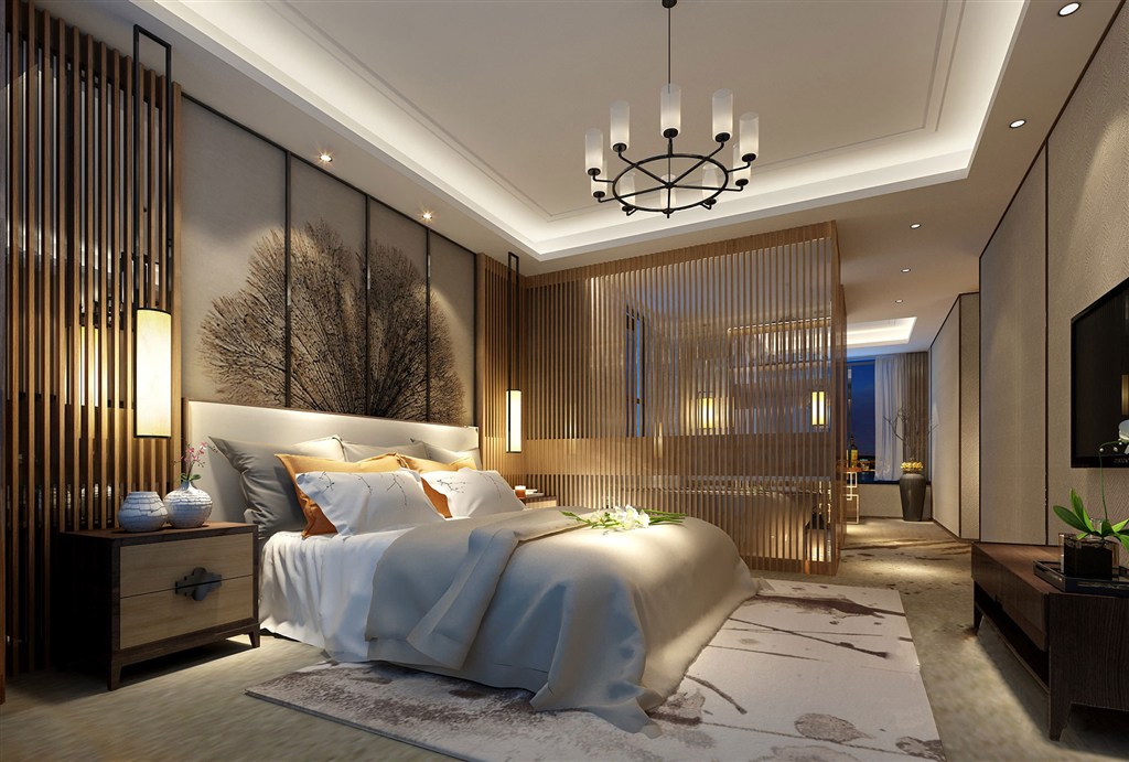 金色柔美线条装饰卧室装修效果图新中式风格设计
