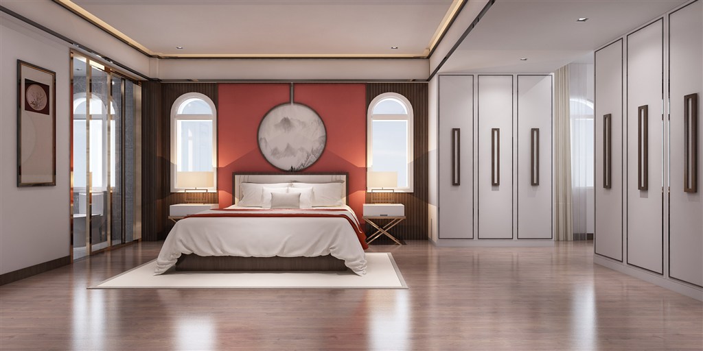 白色搭配红色床头背景墙卧室装修效果图