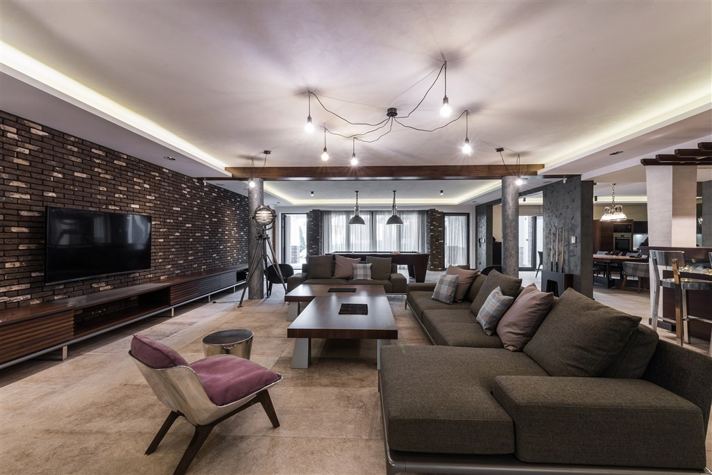 现代风格客厅装修效果图四居室深灰色沙发装饰设计