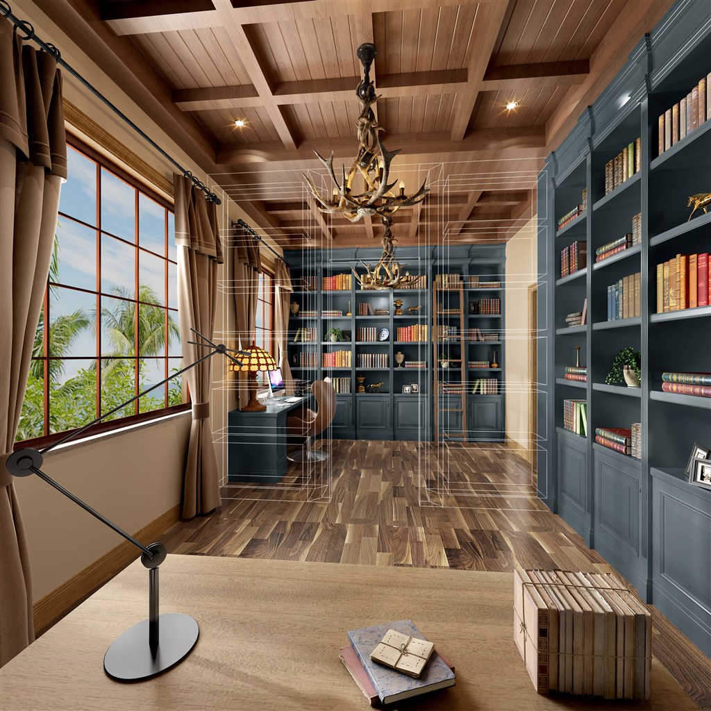实木装饰棕色与蓝色搭配书房装修效果图