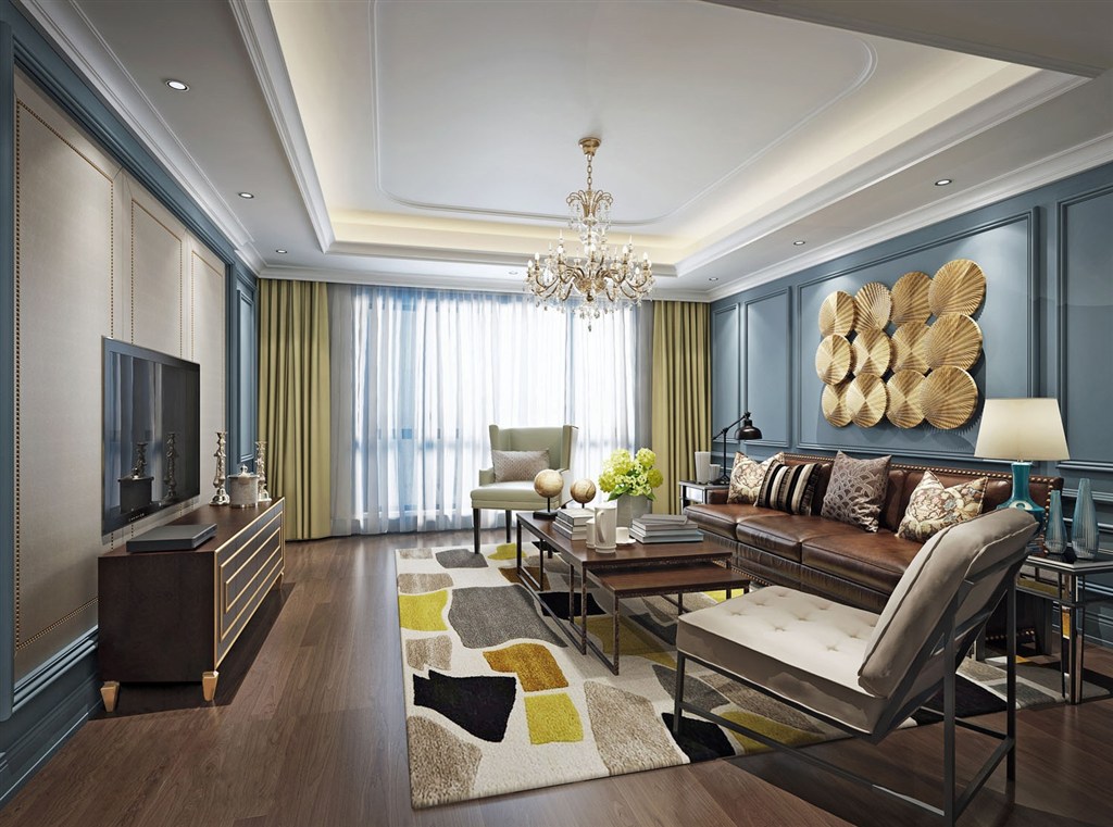 美式风格客厅装修效果图蓝色背景墙搭配金色立体图形装饰设计