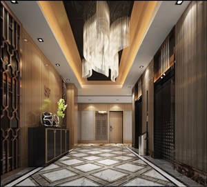 菱形大理石地板装饰的走廊电梯井装修效果图