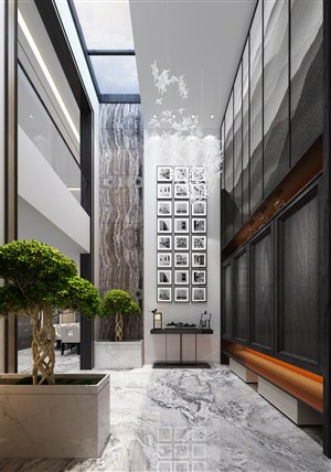 黑白时尚文化装饰的走廊电梯井装修效果图