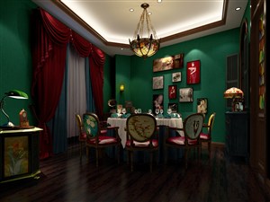红蓝绿色调餐厅套房包间装修效果图