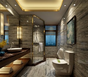 灰色纹理大理石装饰的酒店卫生间装修效果图