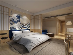 蓝色背景画日式风格装饰的酒店客房装修效果图