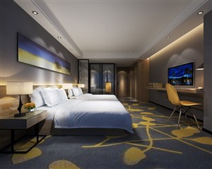蓝色地毯花纹装饰的酒店客房装修效果图
