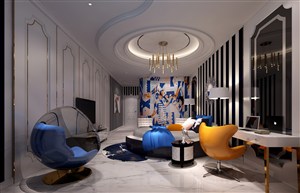 主题酒店客房装修效果图清新蓝色调设计
