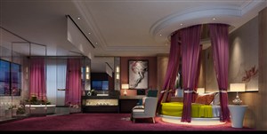 紫色调圆床主题酒店客房装修效果图