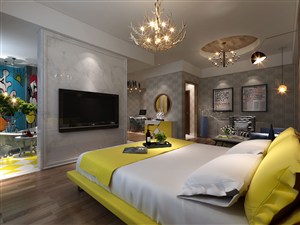 黄色大床装饰酒店客房装修效果图