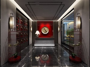 茶馆走廊装修效果图对称鸟笼摆设装饰设计