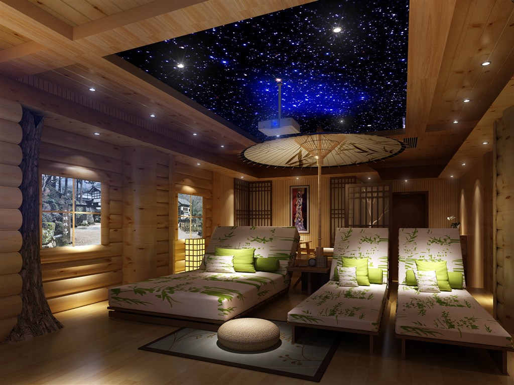 家庭式电影院装修效果图蓝色星空吊顶装饰沙发床家具设计