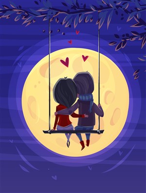 创意坐在秋千上赏月的情侣背影矢量图