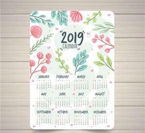 2019年彩绘花卉和树叶年历矢量素材 