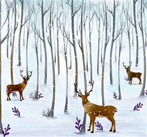 唯美水彩冬季飘雪森林驯鹿风景雪景插画矢量图