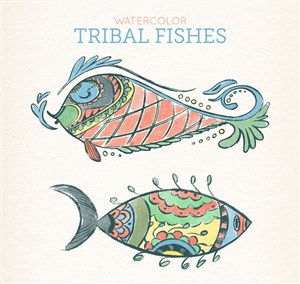 卡通水彩手绘部落风格花纹鱼类图标图案元素设计矢量图