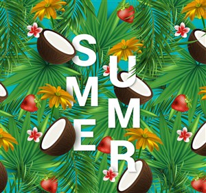 热带花草和椰子插画背景装饰夏季艺术字海报设计矢量图