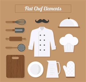 卡通扁平化外套胡子厨师帽厨房工具厨师元素插画矢量素材