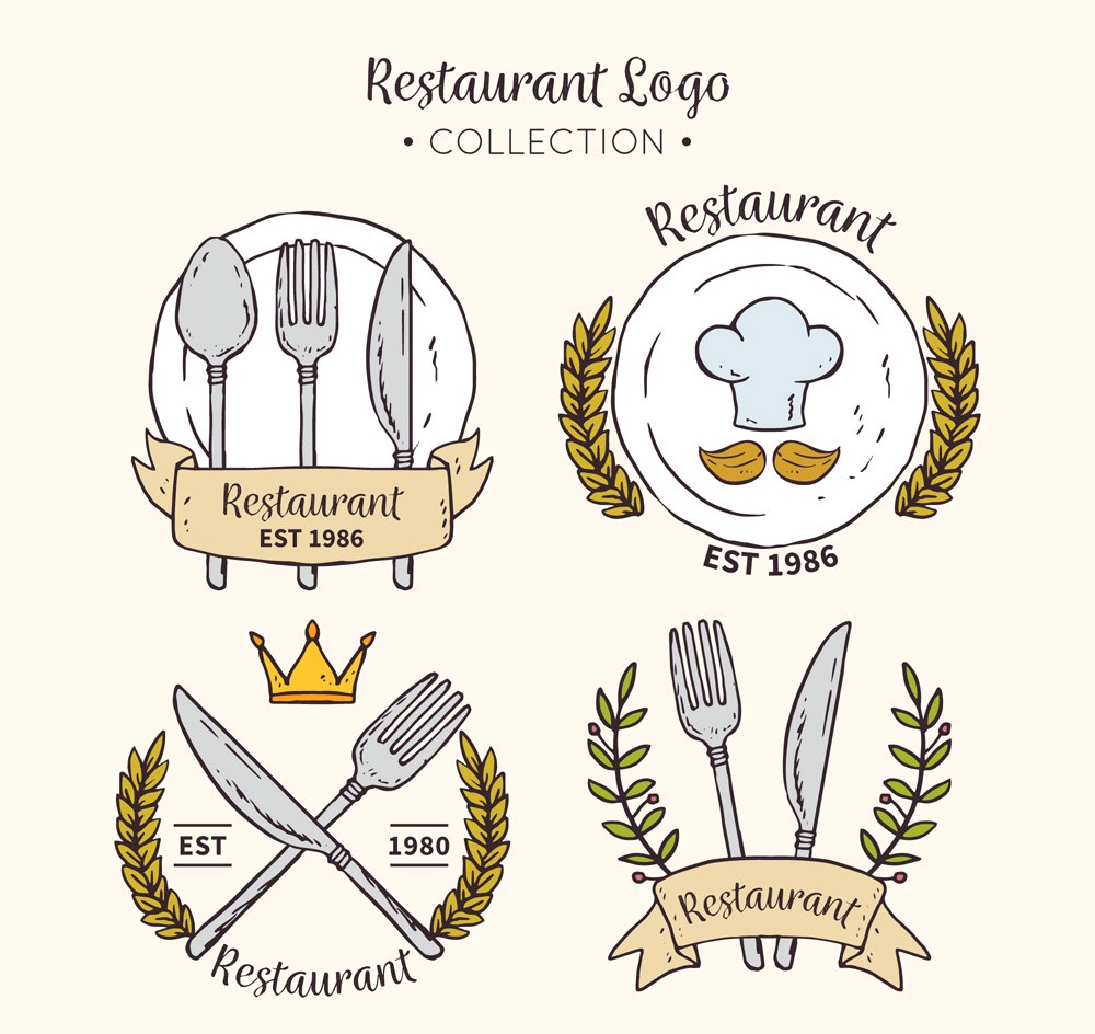 卡通手绘彩绘线稿餐馆标志标签设计矢量素材
