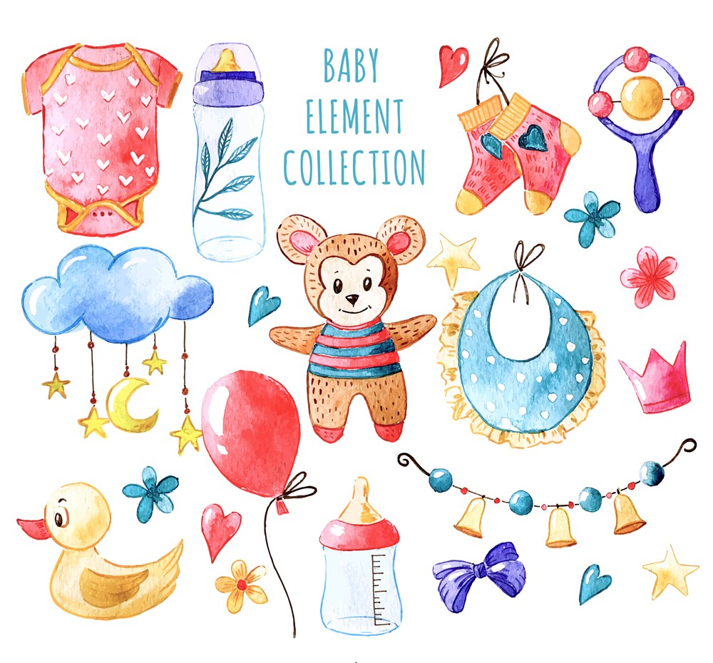 13款水彩绘婴儿用品矢量素材围嘴玩具服装