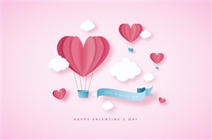 情人节心形折纸卡通素材粉色唯美背景矢量心型热气球卡通矢量