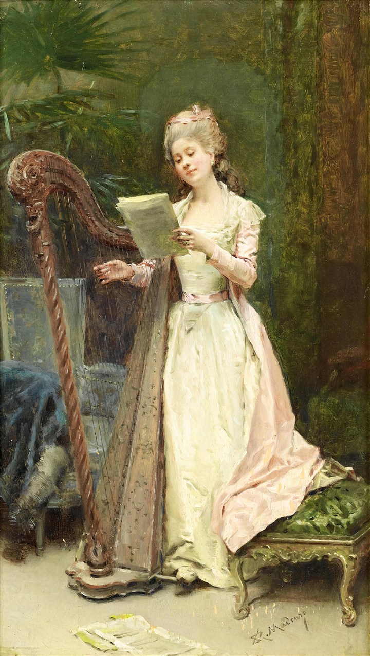 弹竖琴的贵族美女人物油画图片
