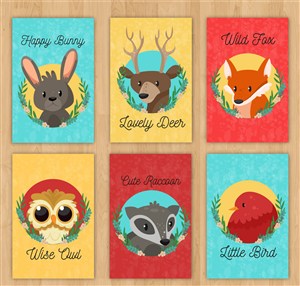 可爱野生动物兔子鹿狐狸猫头鹰鸟儿插画卡片矢量素材