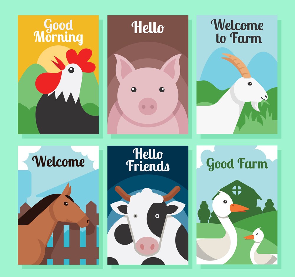 卡通扁平农场动物公鸡猪山羊马儿奶牛鸭子插画卡片矢量素材