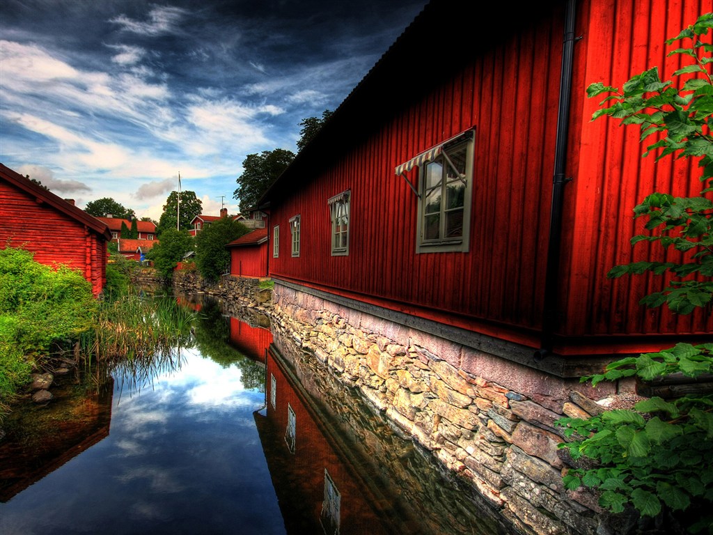 红木屋河畔风景画