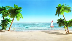 沙滩椰树海景风景画