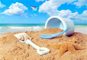 蓝天白云沙滩海星风景画