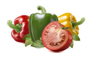 彩色灯笼辣椒和番茄切面高清图