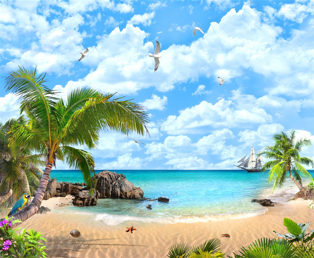 蓝天白云沙滩椰树风景画
