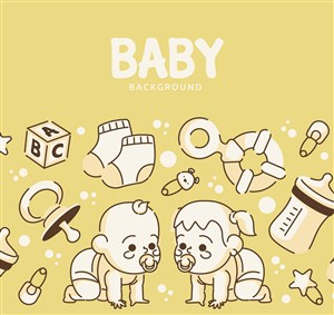 手绘男婴女婴和10款婴儿用品矢量图