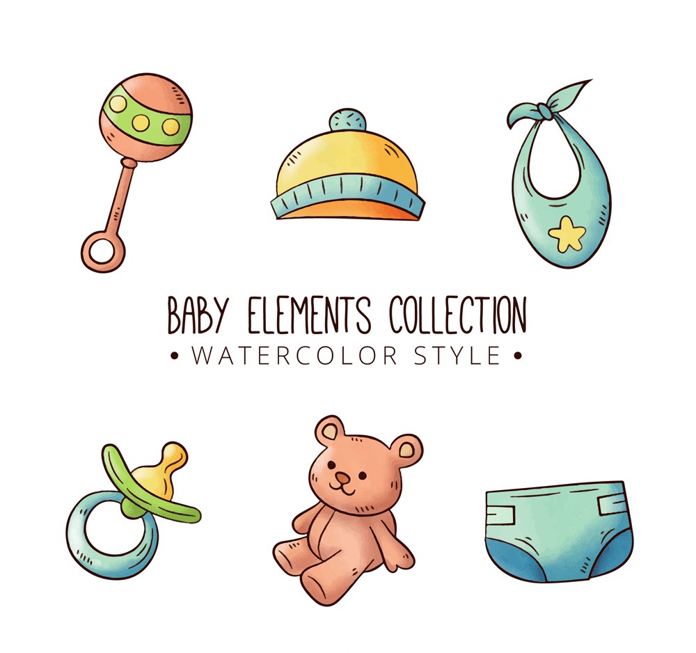 6款可爱水彩绘婴儿用品矢量素材奶嘴围嘴玩具小熊帽子内裤