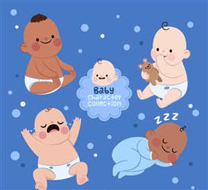 4款可爱男婴儿设计矢量素材睡觉哭闹微笑