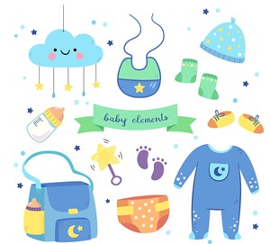 11款蓝色系婴儿用品矢量素材婴儿服装玩具奶瓶