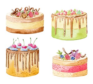4款水彩繪水果蛋糕矢量素材 