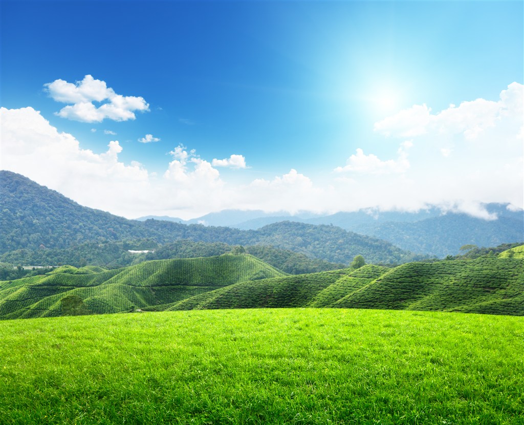 蓝天下的绿草地和起伏的山脉高清图片