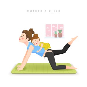 背着宝宝做瑜珈的妈妈亲子插画