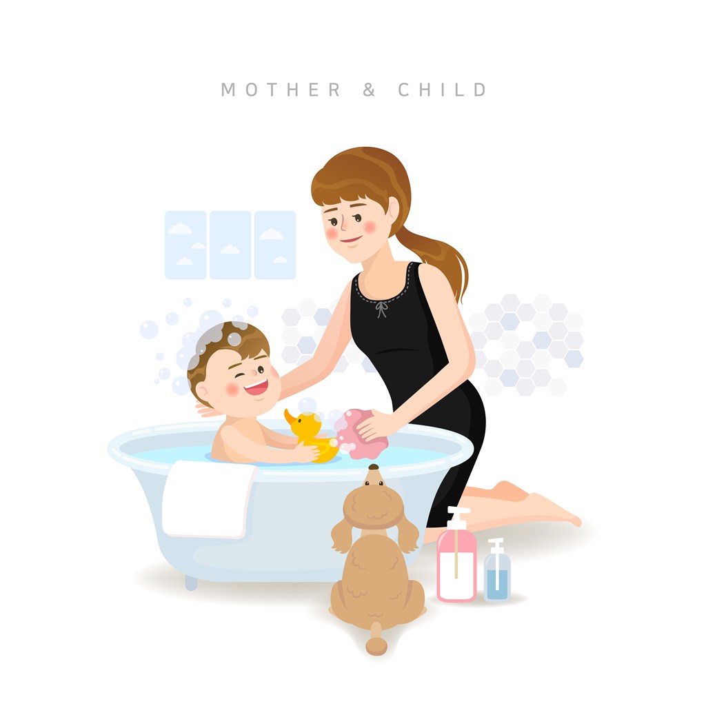  温馨卡通给宝宝洗澡的亲子插画 