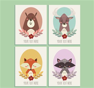4款可爱动物卡片设计矢量图 
