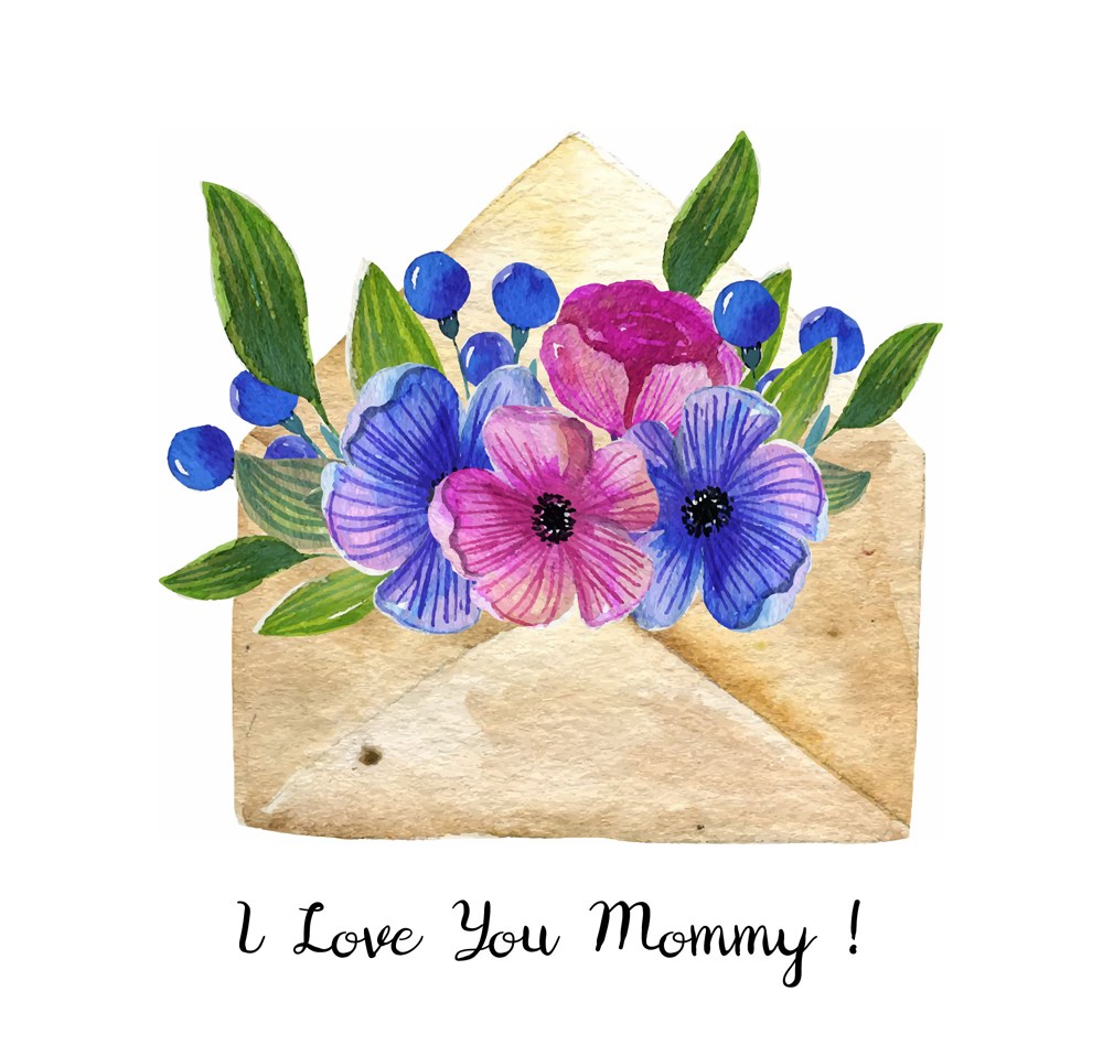 彩绘母亲节装满花卉的信封矢量图 
